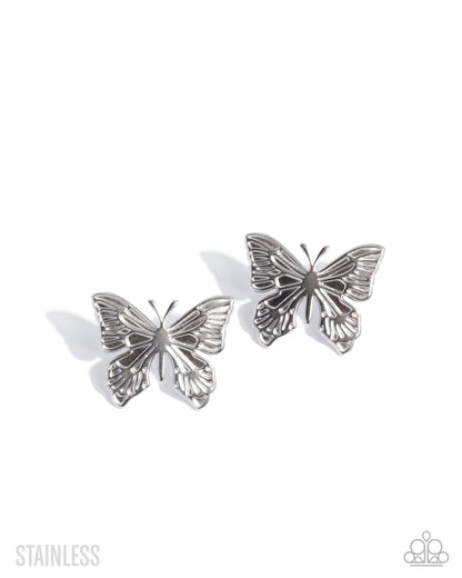 Soaring Sensation Silver Stainless Steel Butterfly Post Earring - Paparazzi Accessories