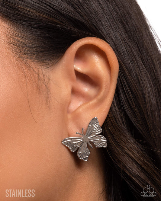 Soaring Sensation Silver Stainless Steel Butterfly Post Earring - Paparazzi Accessories