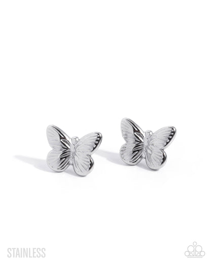 Monarch Moment Silver Stainless Steel Butterfly Post Earring - Paparazzi Accessories