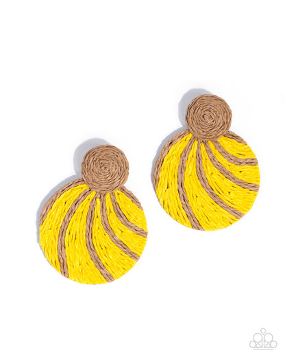 Woven Waltz Yellow Raffia Post Earring - Paparazzi Accessories