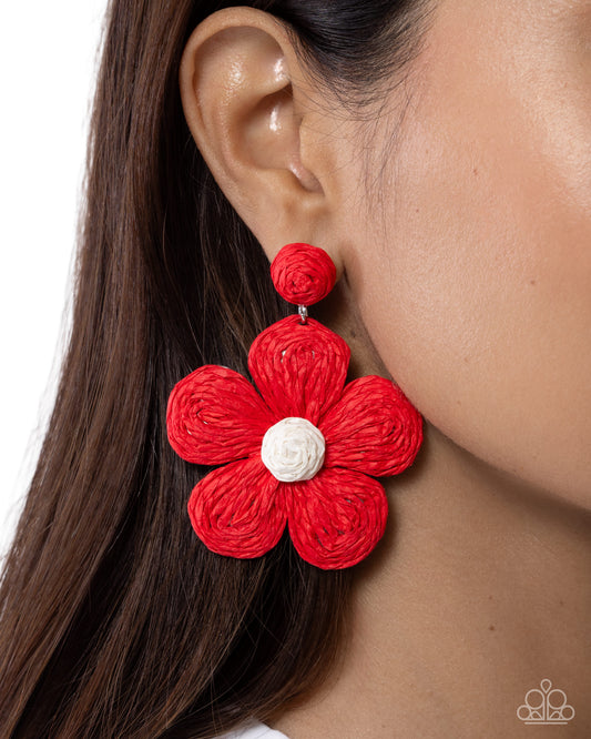 Double Daisies Red Raffia Post Earring - Paparazzi Accessories