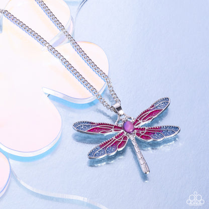 DRAGONFLY to the Sky Purple Necklace - Paparazzi Accessories Featuring a classic silver chain, an Orchid and light blue painted silver dragonfly pendant glides along the neckline for a colorfully rustic centerpiece. An opalescent amethyst oval bead is pressed in the center of the display while textured silver connects and creates the rest of the dragonfly's body for additional eye-catching color and character. Features an adjustable clasp closure. Includes one pair of matching earrings. P2RE-PRXX-331XX