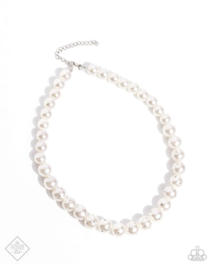 Dashing Definition White Pearl Necklace - Paparazzi Accessories  Infused along an invisible string, a collection of glossy white pearls, gradually dusted in dainty white rhinestones as it cascades towards the center of the neckline creates a radiantly, refined display. Features an adjustable clasp closure.  Sold as one individual necklace. Includes one pair of matching earrings.  P2RE-WTXX-694AY