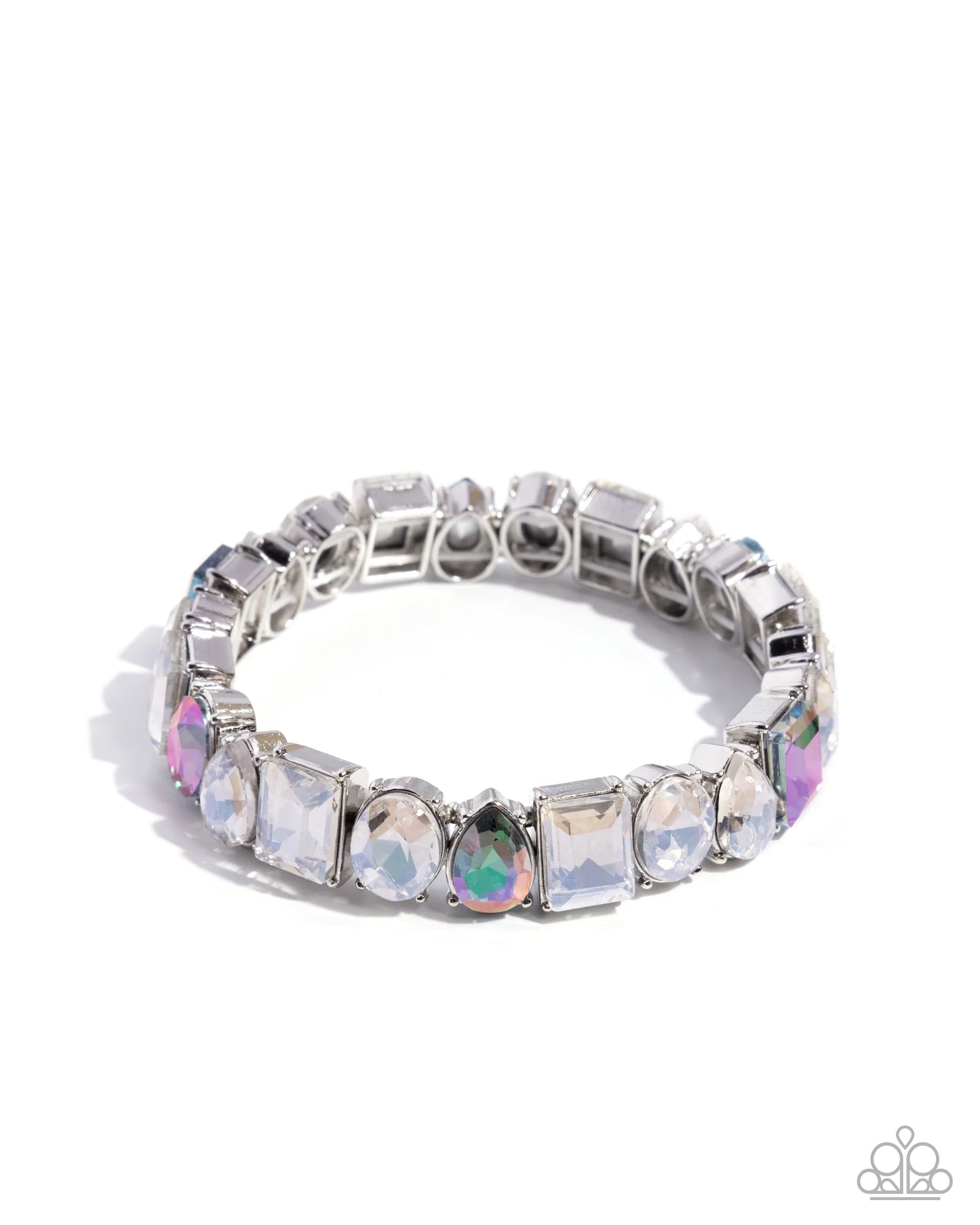 Silver stretch bracelet with multicolored gemstones on a white background