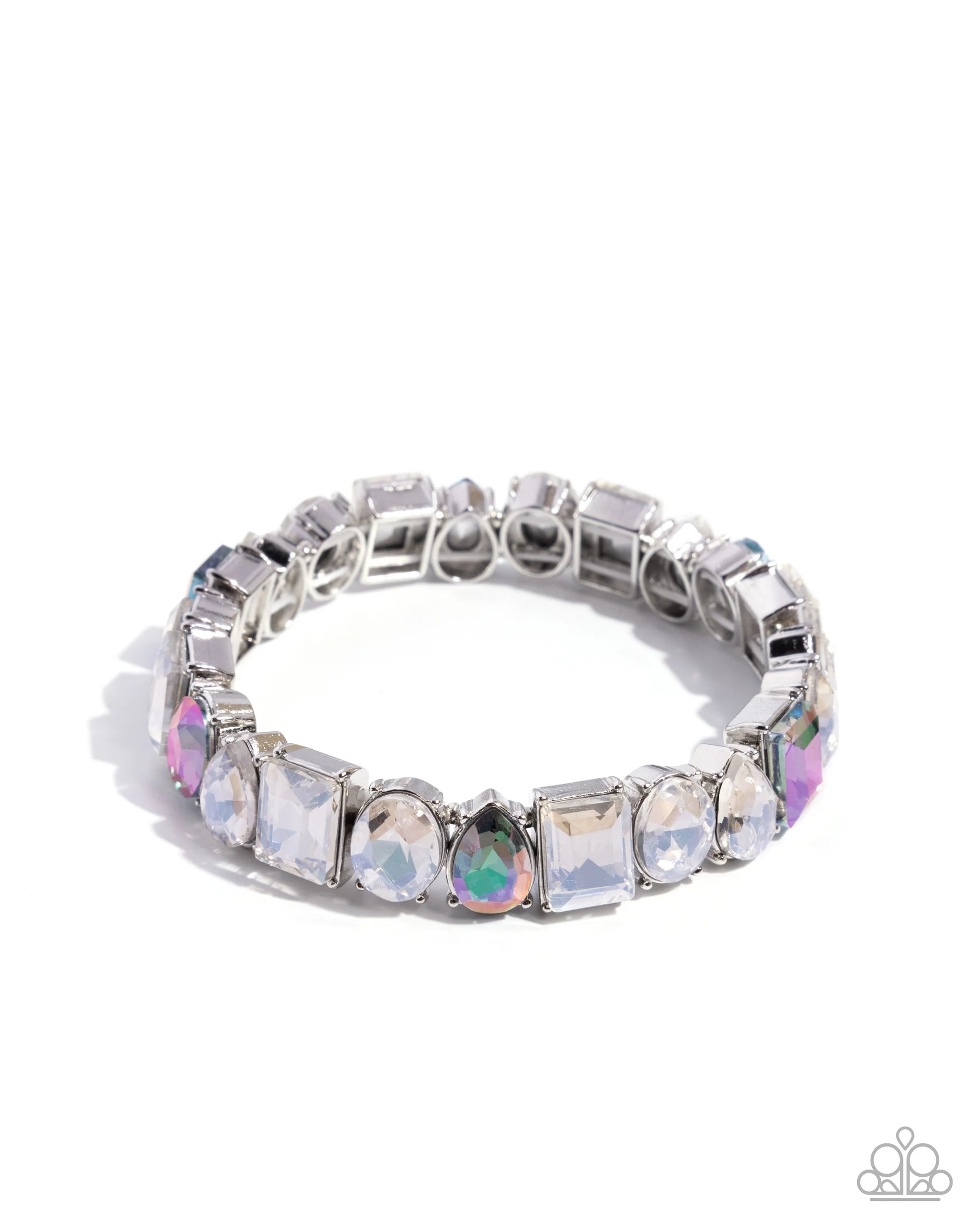 Silver stretch bracelet with multicolored gemstones on a white background