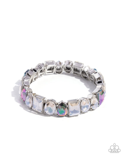 Silver stretch bracelet with multicolored gemstones on a white background