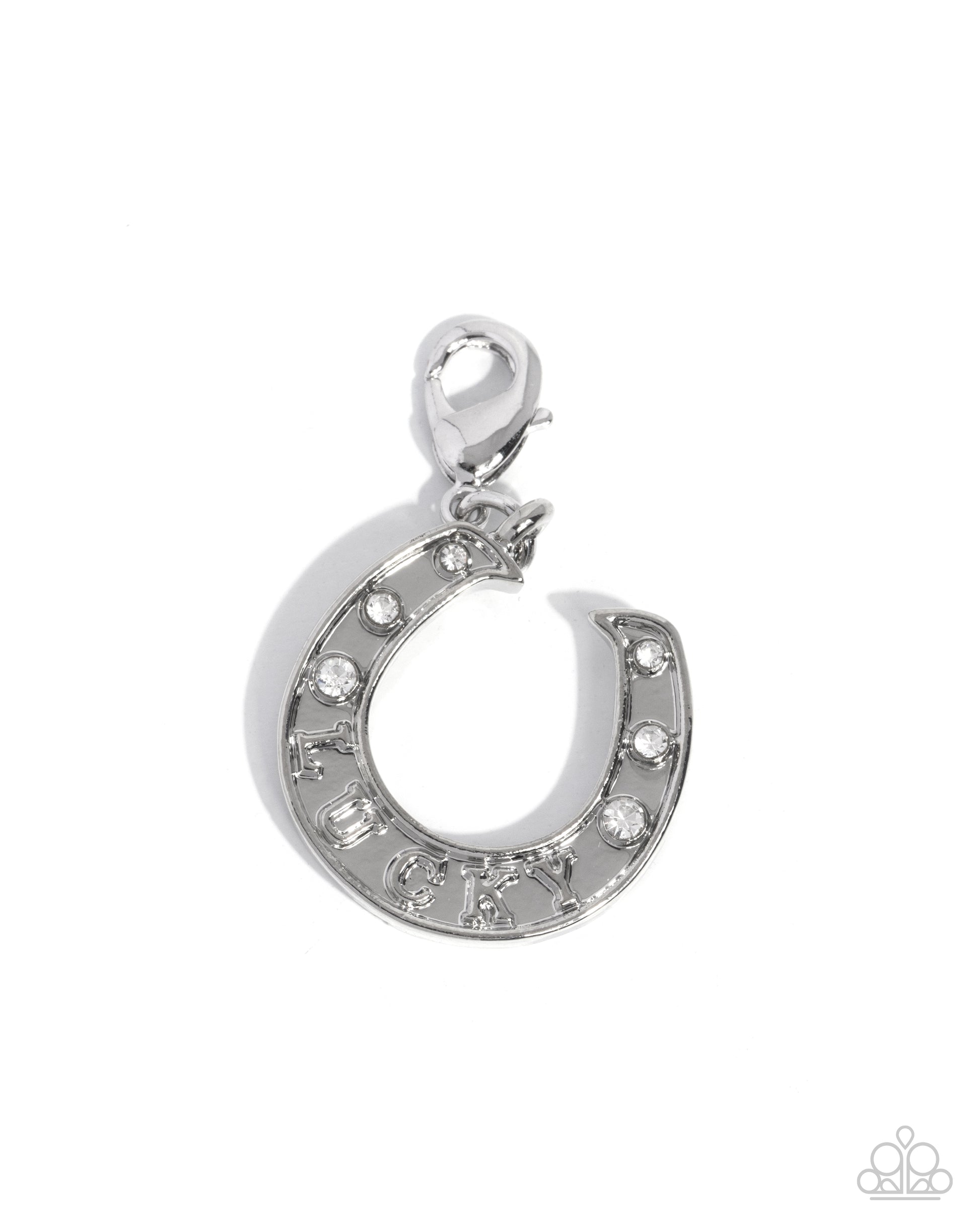 Silver horseshoe pendant with small stones on a white background
