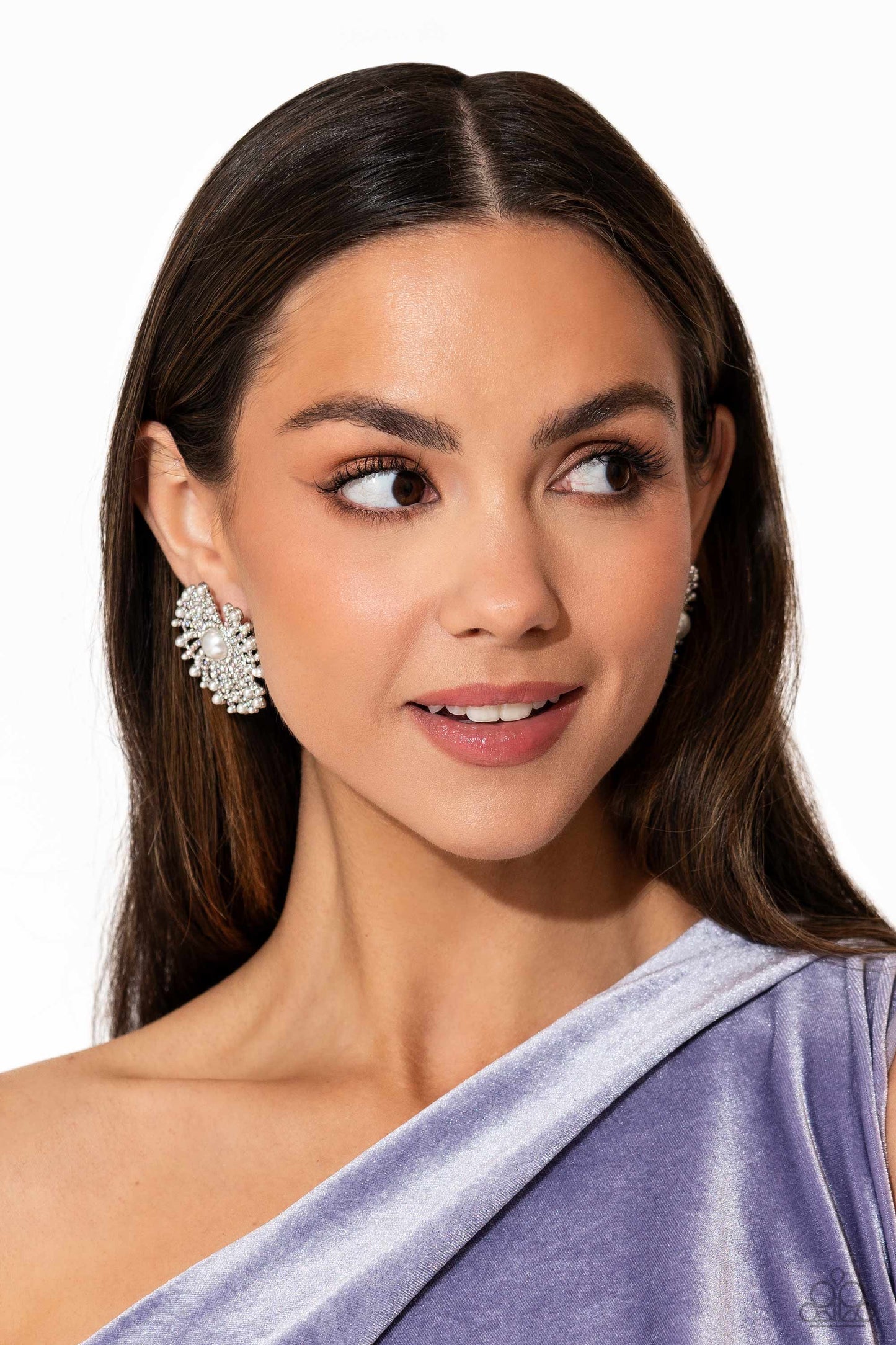 Fancy Fireworks White Pearl LOP Post Earring - Paparazzi Accessories