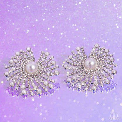 Fancy Fireworks White Pearl LOP Post Earring - Paparazzi Accessories