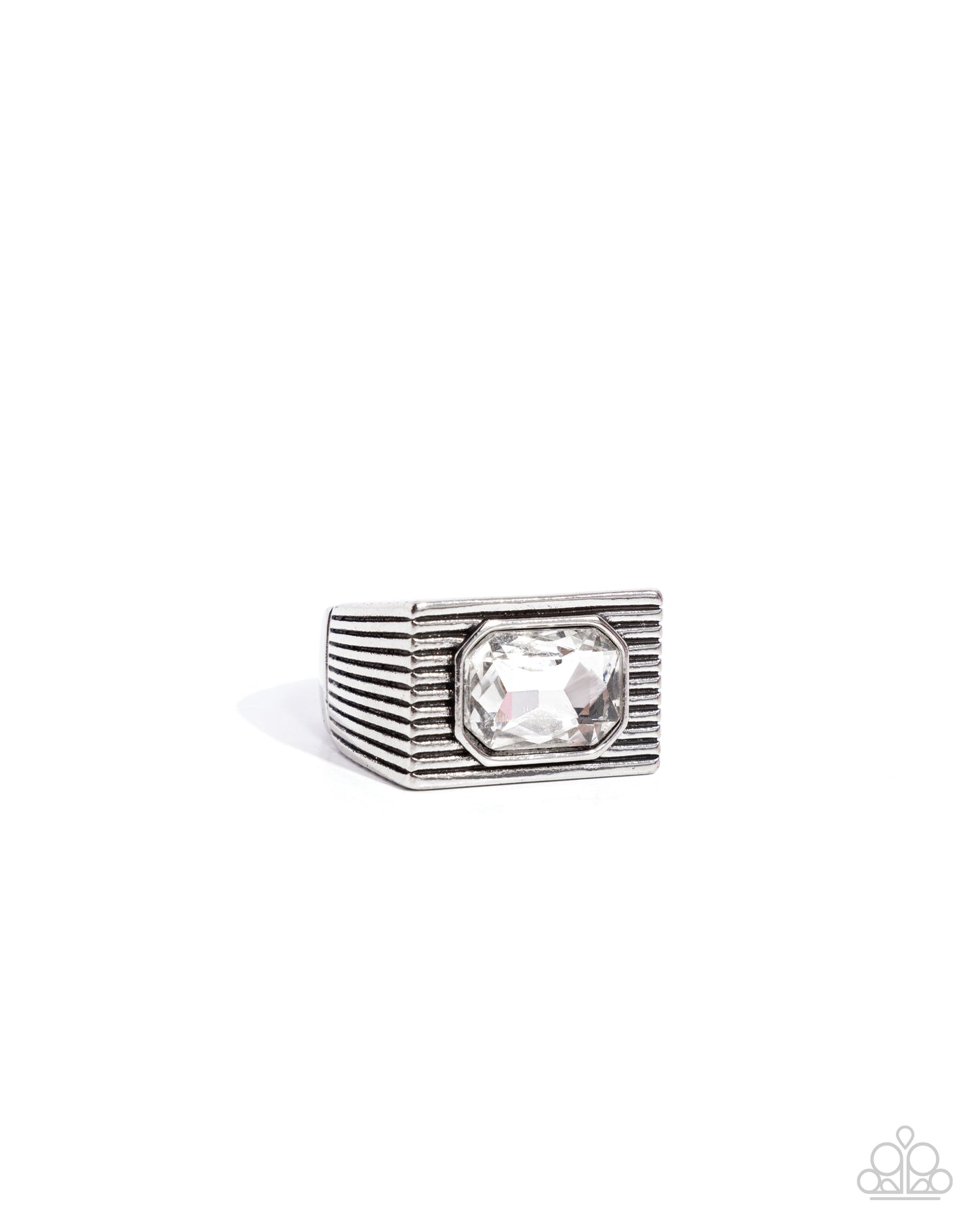 Knockout Tournament White Mens Ring - Paparazzi Accessories  A classic white emerald-cut gem sits atop a glistening silver square frame featuring linear texture, creating a bold urban centerpiece. Features a stretchy band for a flexible fit.  Sold as one individual ring.  P4MN-URWT-020XX