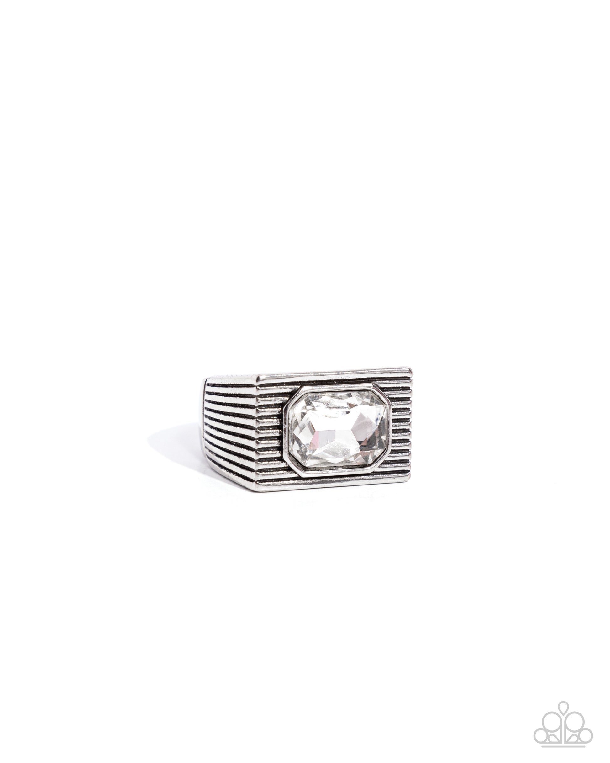 Knockout Tournament White Mens Ring - Paparazzi Accessories  A classic white emerald-cut gem sits atop a glistening silver square frame featuring linear texture, creating a bold urban centerpiece. Features a stretchy band for a flexible fit.  Sold as one individual ring.  P4MN-URWT-020XX