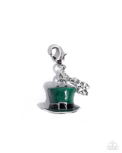 Green top hat charm with silver accents on a white background