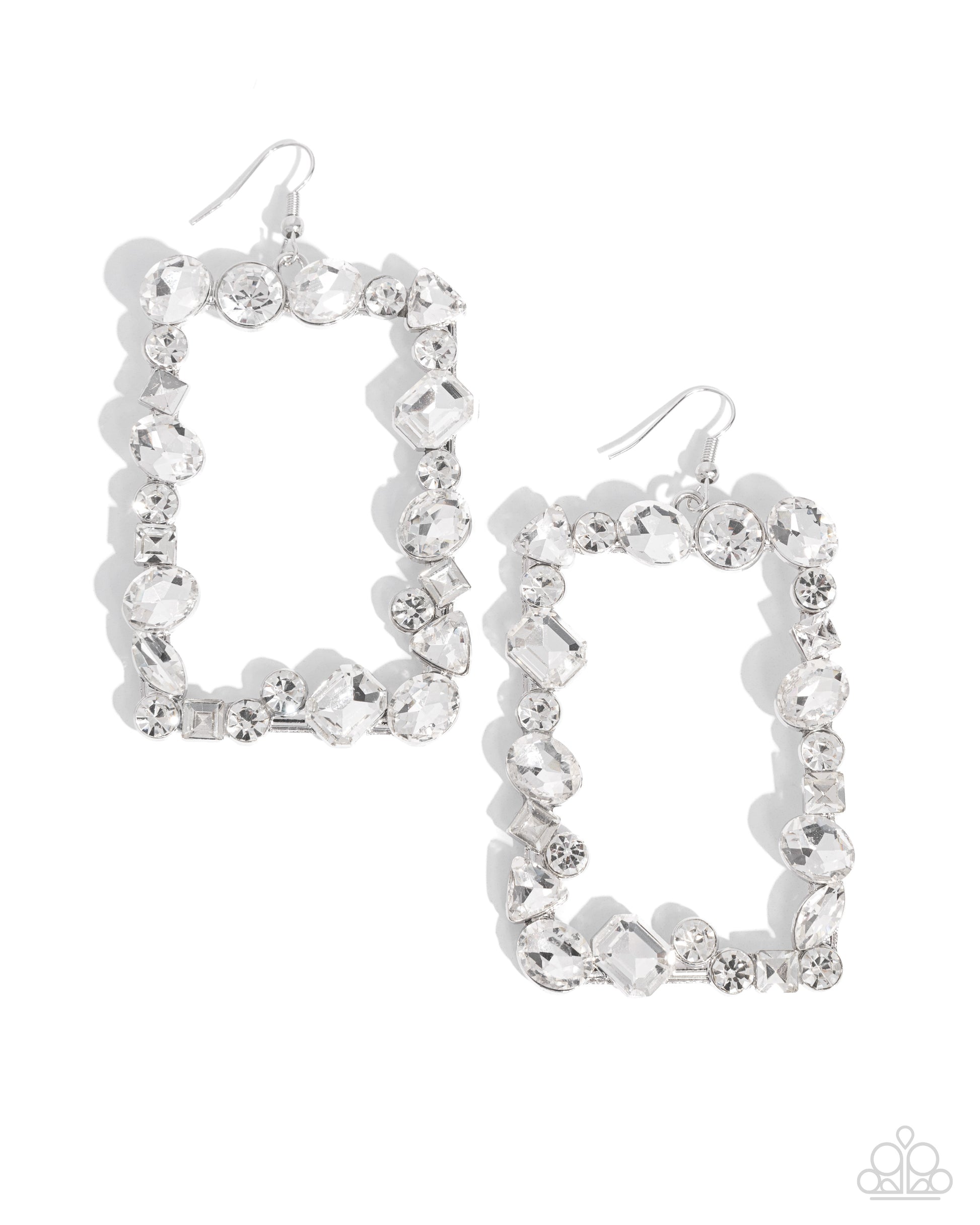 Wishful Wardrobe White Rhinestone Earring - Paparazzi Accessories  Featuring a collection of highly faceted and reflective white gems in round, oval, square, marquise-cut, triangular, and emerald-cuts, an oversized silver rectangular frame swings from the ear for a refined lure. Earring attaches to a standard fishhook fitting.  Sold as one pair of earrings.  P5ST-WTXX-081XX