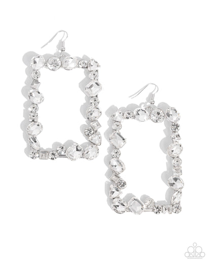 Wishful Wardrobe White Rhinestone Earring - Paparazzi Accessories  Featuring a collection of highly faceted and reflective white gems in round, oval, square, marquise-cut, triangular, and emerald-cuts, an oversized silver rectangular frame swings from the ear for a refined lure. Earring attaches to a standard fishhook fitting.  Sold as one pair of earrings.  P5ST-WTXX-081XX