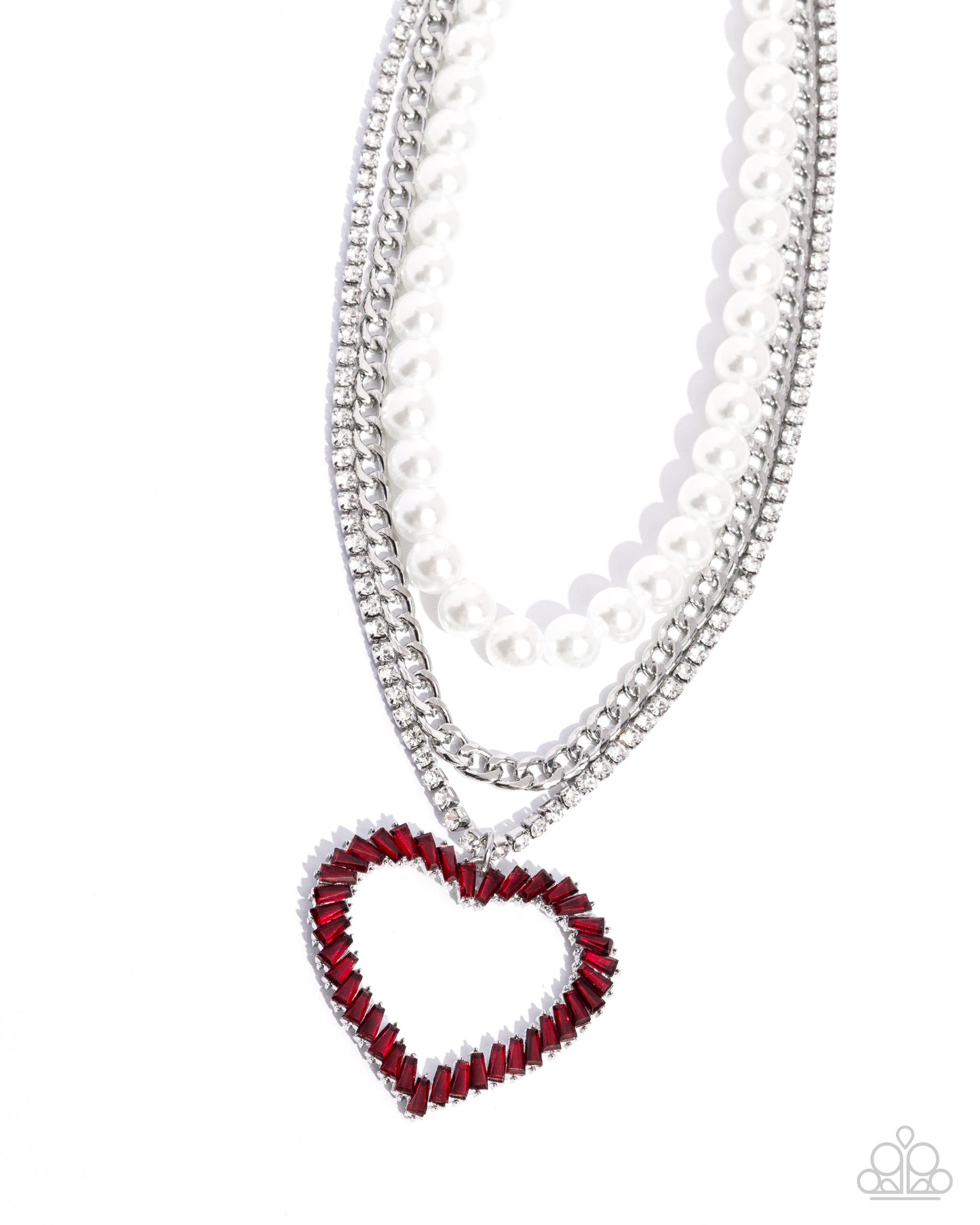 Y2K Year Red Heart Necklace - Paparazzi Accessories  Bold layers of a glistening silver curb chain, white rhinestones pressed in silver square fittings, and glossy white pearls, fall across the chest creating an edgy refined effect. Chiseled red gems in pronged silver fittings twist into an airy heart pendant that glides along the lowermost chain for a romantic finish. Features an adjustable clasp closure.  Sold as one individual necklace. Includes one pair of matching earrings.  P2ST-RDXX-142XX