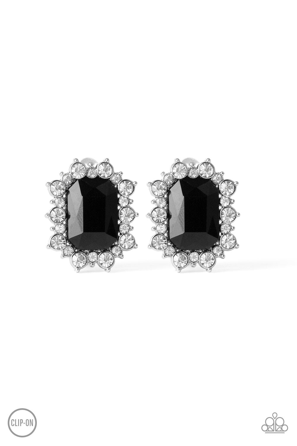 Prime Time Shimmer - Black Item #E381 A border of glassy white rhinestones spin around a regal emerald-cut black rhinestone center for a refined look. Earring attaches to a standard clip-on fitting. All Paparazzi Accessories are lead free and nickel free!  Sold as one pair of clip-on earrings.