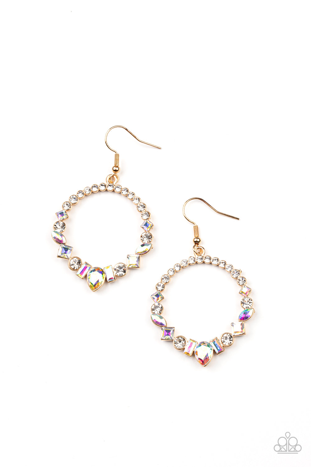 Revolutionary Refinement Gold Earring - Paparazzi Accessories  The bottom of a white rhinestone encrusted gold hoop is dotted in an intermix of classic white rhinestones and marquise and square cut iridescent gems, resulting in a stellar hoop. Earring attaches to a standard fishhook fitting.  Sold as one pair of earrings.