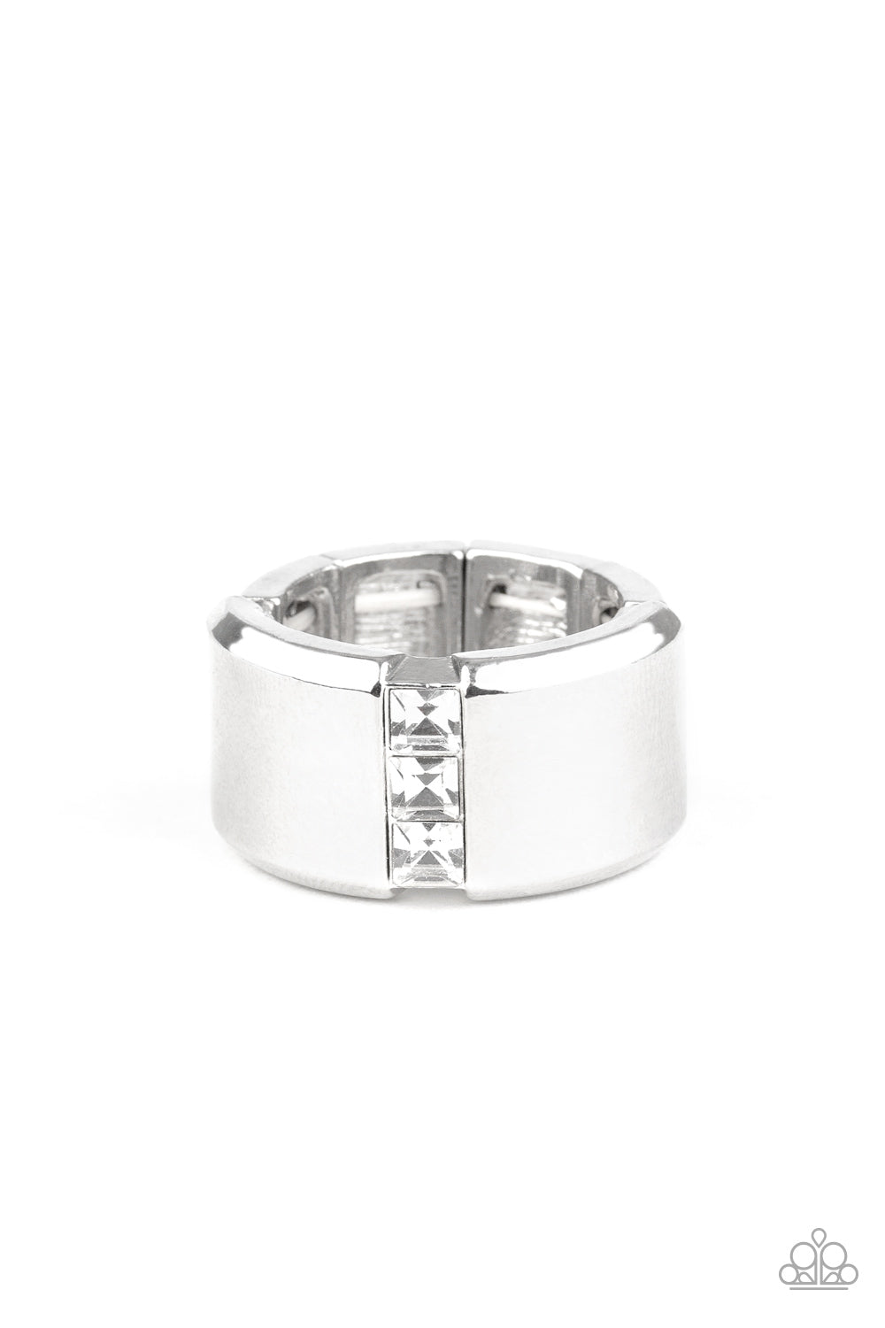 The Graduate - White A single row of square-cut white rhinestones stack down the center of a thick silver band. Features a stretchy band for a flexible fit.  Sold as one individual ring.