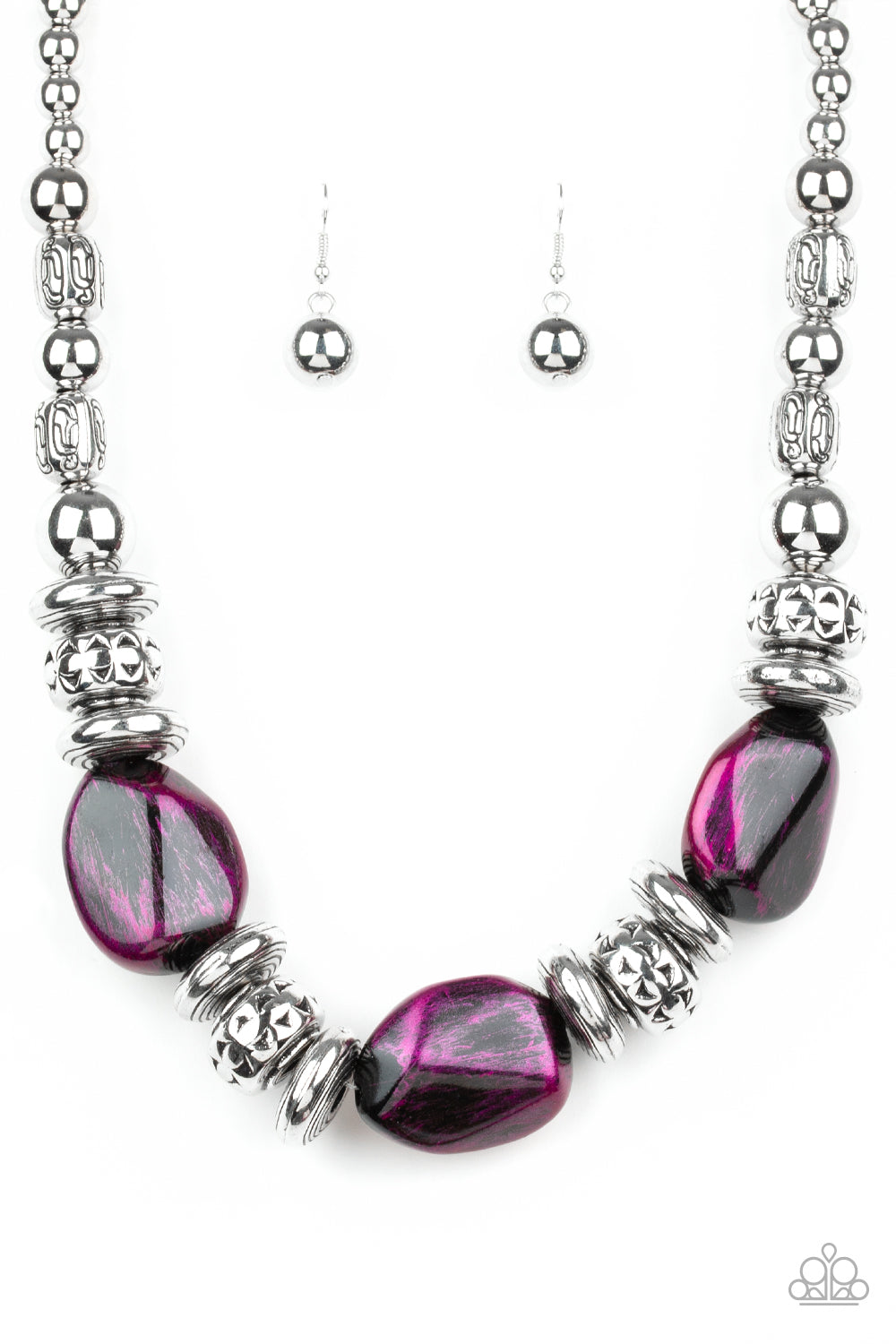 Colorfully Confident Purple Necklace - Paparazzi Accessories Item #N310 A collection of classic silver beads, ornate silver accents, and metallic purple faux rock beads are threaded along an invisible wire below the collar for a statement-making finish. Features an adjustable clasp closure. All Paparazzi Accessories are lead free and nickel free!  Sold as one individual necklace. Includes one pair of matching earrings.