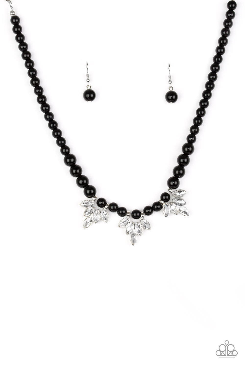 Society Socialite Black Necklace - Paparazzi Accessories Item #JJG-N7 A strand of shiny black beads drapes elegantly below the collar. Featuring regal marquise style cuts, glittery white rhinestone frames swing from the beaded strand for a timeless finish. Features an adjustable clasp closure.  Sold as one individual necklace. Includes one pair of matching earrings.