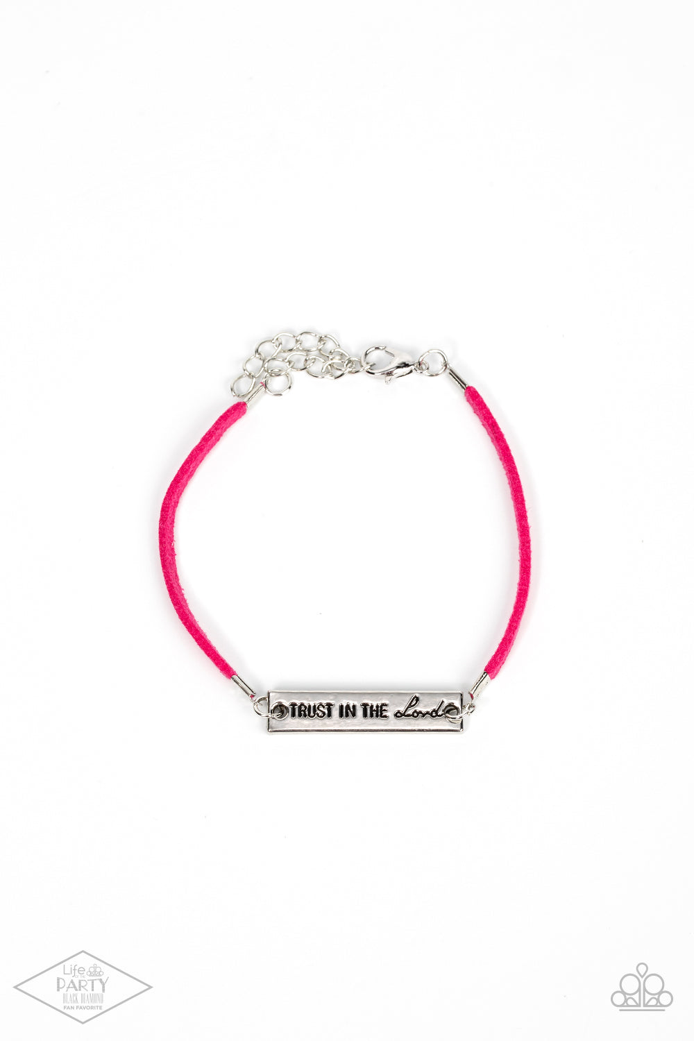 Have Faith Pink Bracelet - Paparazzi Accessories  A strip of pink suede wraps around the wrist, joining a silver plate engraved with the phrase “Trust In The Lord” for an inspirational finish. Features an adjustable clasp closure.  Sold as one individual bracelet. This Fan Favorite is back in the spotlight at the request of our 2021 Life of the Party member with Black Diamond Access, Brooke H.