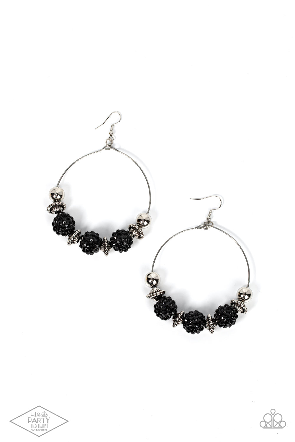 I Can Take a Compliment Black Earring - Paparazzi Accessories  A stunning array of studded silver accents, oversized silver beads, and black rhinestone encrusted beads are threaded along a dainty silver wire hoop, resulting in a dazzling pop of color. Earring attaches to a standard fishhook fitting.  Sold as one pair of earrings.  This Fan Favorite is back in the spotlight at the request of our 2021 Life of the Party member with Black Diamond Access, Crystal R.