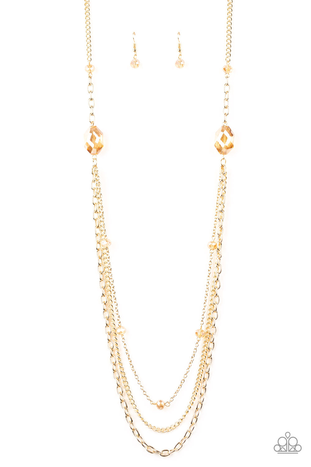 Dare To Dazzle - Gold Item #N635 Infused with golden crystal-like beads, a pair of golden gems gives way to layers of mismatched gold chains for a dazzling look. Features an adjustable clasp closure. All Paparazzi Accessories are lead free and nickel free!  Sold as one individual necklace. Includes one pair of matching earrings.