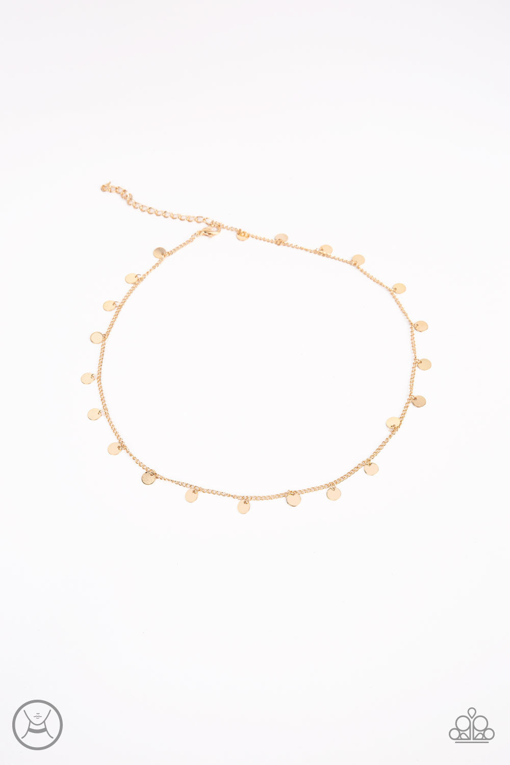 CHIME A Little Brighter - Gold Item #N647 Dainty gold discs dangle from a classic gold chain around the neck, creating a playful fringe. Features an adjustable clasp closure. All Paparazzi Accessories are lead free and nickel free!  Sold as one individual choker necklace. Includes one pair of matching earrings.