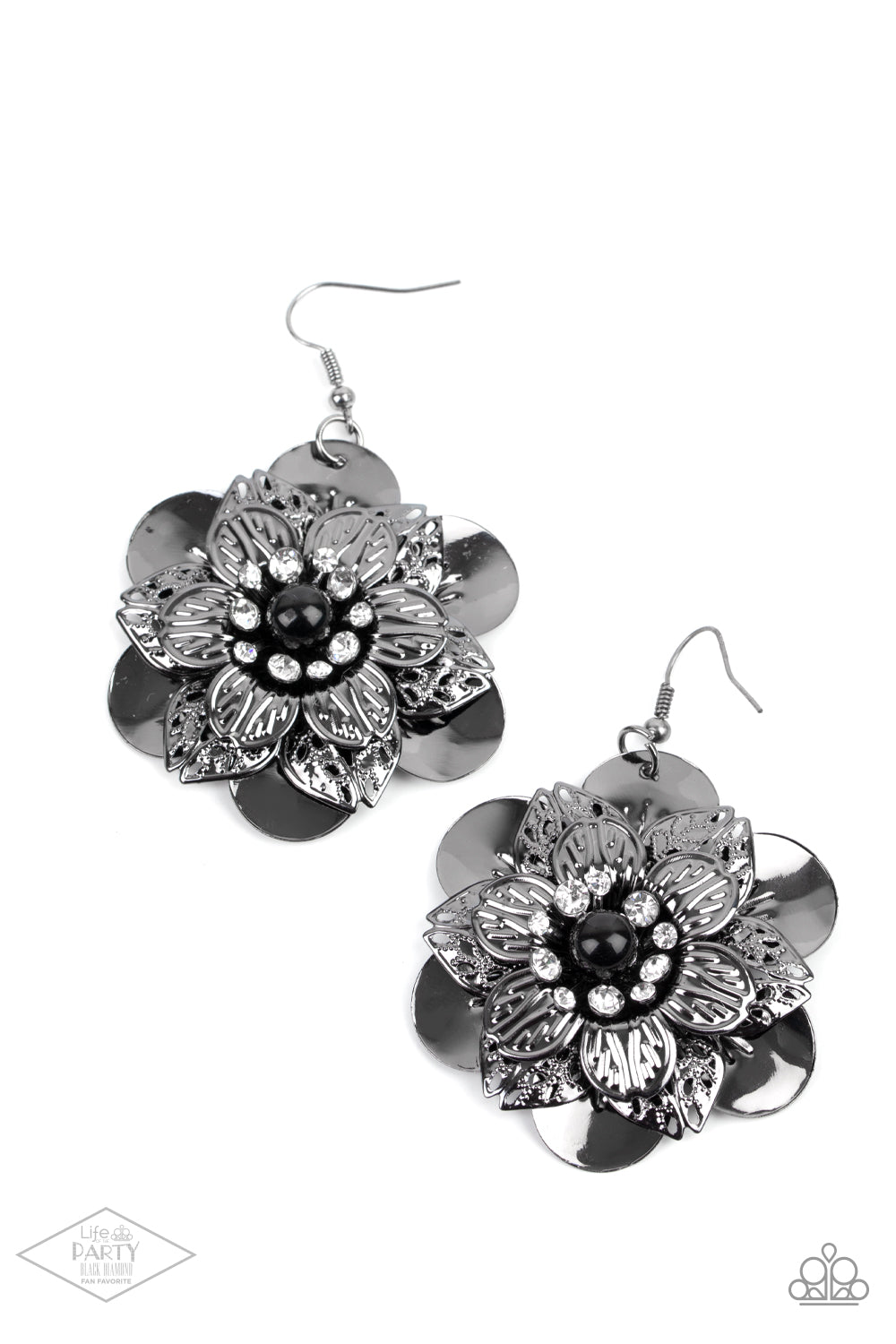 Midnight Garden Black Flower Earring - Paparazzi Accessories. Sleek gunmetal petals with a variety of textures are layered to create a dramatic flower. A single black bead bordered by a ring of rhinestones anchors the design while adding unmatched sparkle.  All Paparazzi Accessories are lead free and nickel free!  Sold as one pair of earrings. This Fan Favorite is back in the spotlight at the request of our 2020 Life of the Party member with Black Diamond Access, Monica C.