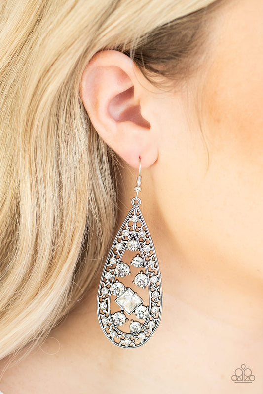 Drop-Dead Dazzle White Earring - Paparazzi Accessories