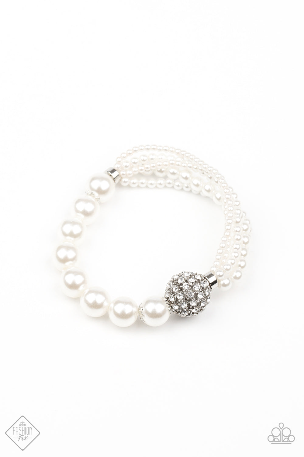 Show Them The DOOR White Bracelet - Paparazzi Accessories Item #B335 Featuring comfortable stretchy bands, a white rhinestone-encrusted silver bead connects strands of mismatched white pearls and a single strand of classic white pearls around the wrist in a timeless twist. All Paparazzi Accessories are lead free and nickel free!  Sold as one individual bracelet.