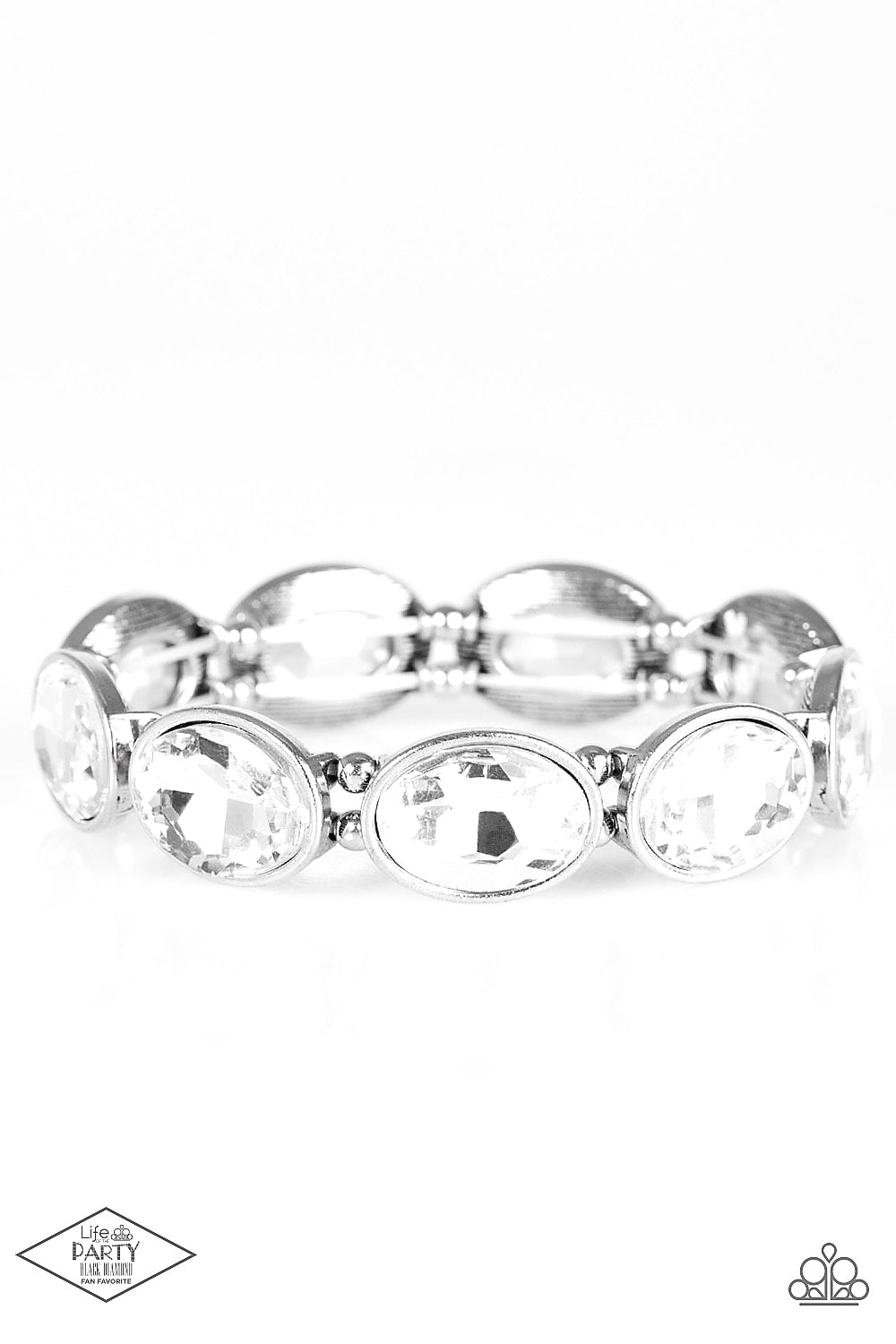 DIVA In Disguise White Bracelet - Paparazzi Accessories  Glassy white gems are pressed into sleek silver frames. Infused with dainty silver beads, the glittery frames are threaded along stretchy elastic bands for a glamorous look around the wrist.  Sold as one individual bracelet. This Fan Favorite is back in the spotlight at the request of our 2021 Life of the Party member with Black Diamond Access, Kathy D.