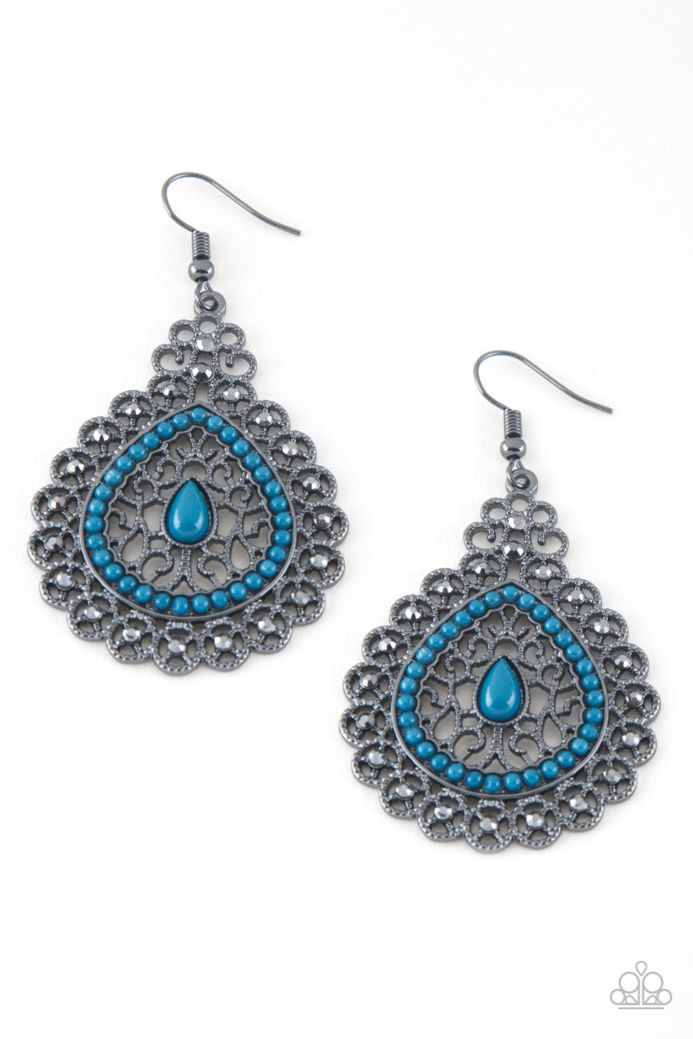 Carnival Courtesan Blue Earring - Paparazzi Accessories  Regal gunmetal filigree climbs a teardrop shaped frame, coalescing into a glistening frame. Dainty blue beads adorn the center of the frame, while glittery hematite rhinestones embellish the outer frame for a refined finish. Earring attaches to a standard fishhook fitting.  All Paparazzi Accessories are lead free and nickel free!  Sold as one pair of earrings.
