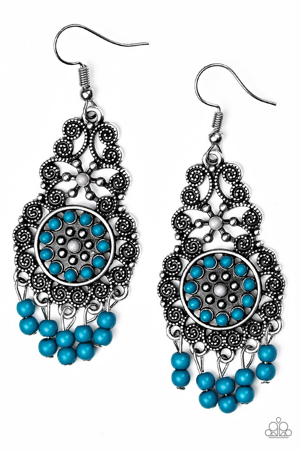 Courageously Congo Blue Earring - Paparazzi Accessories  Dainty blue and gray beads are pressed into an ornate silver frame swirling with filigree detail. Dainty beaded tassels swing from the bottom of the lure, creating a whimsical fringe. Earring attaches to standard fishhook fitting.   All Paparazzi Accessories are lead free and nickel free!  Sold as one pair of earrings.