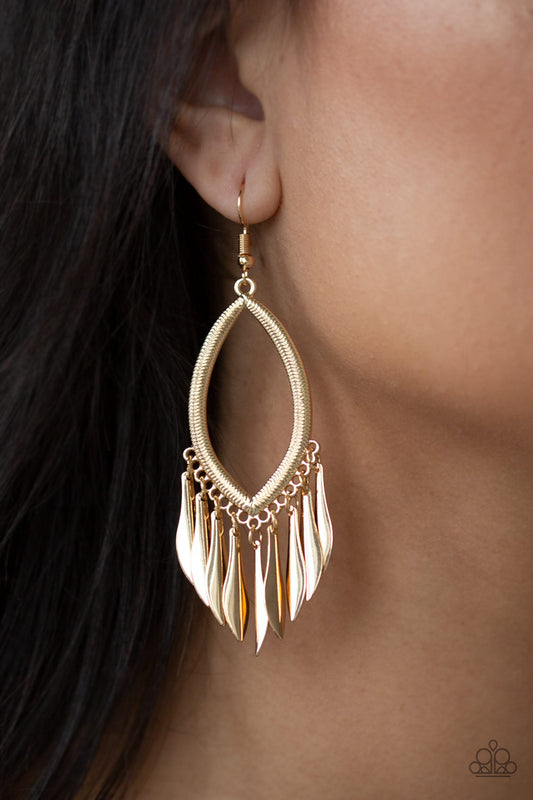 My FLAIR Lady Gold Earring - Paparazzi Accessories  Flared gold frames swings from the bottom of a textured marquise-shaped frame, creating an edgy fringe. Earring attaches to a standard fishhook fitting.  Sold as one pair of earrings.