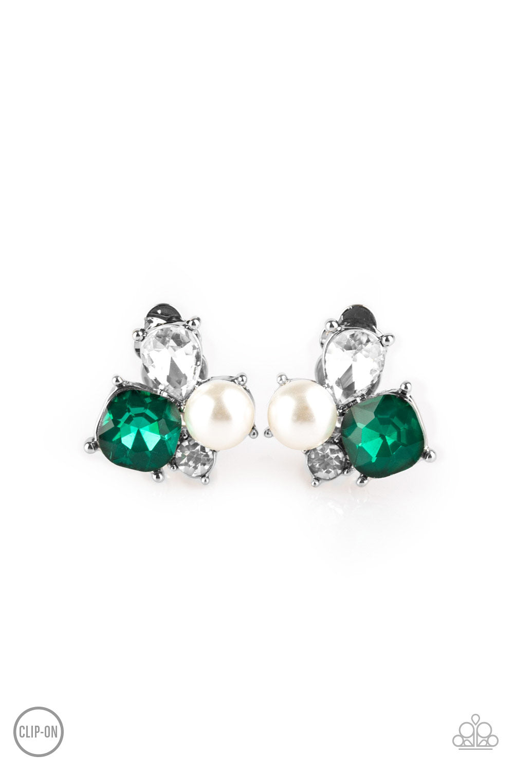 Highly High-Class Green Clip-On Earring - Paparazzi Accessories  Featuring a classic pearl, mismatched green and white rhinestones join into a radiant frame. Earring attaches to a standard clip-on fitting. All Paparazzi Accessories are lead free and nickel free!  Sold as one pair of clip-on earrings.
