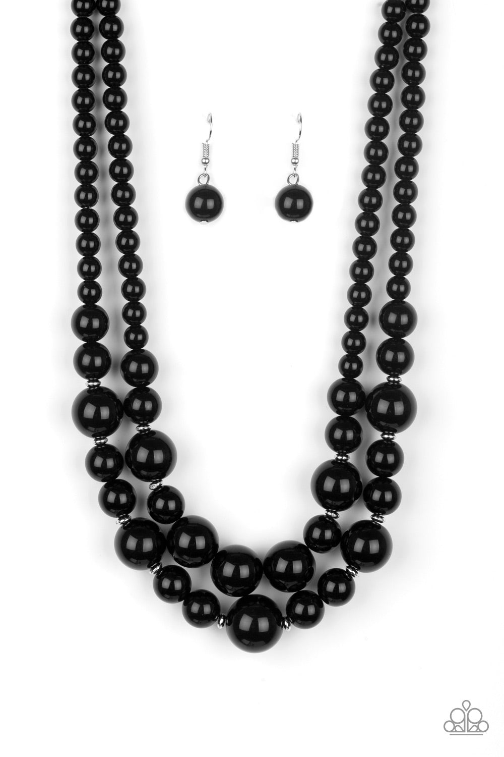 The More The Modest Black Necklace - Paparazzi Accessories   Infused with dainty silver accents, shiny black beads layer below the collar in a timeless fashion. Features an adjustable clasp closure.  Sold as one individual necklace. Includes one pair of matching earrings.