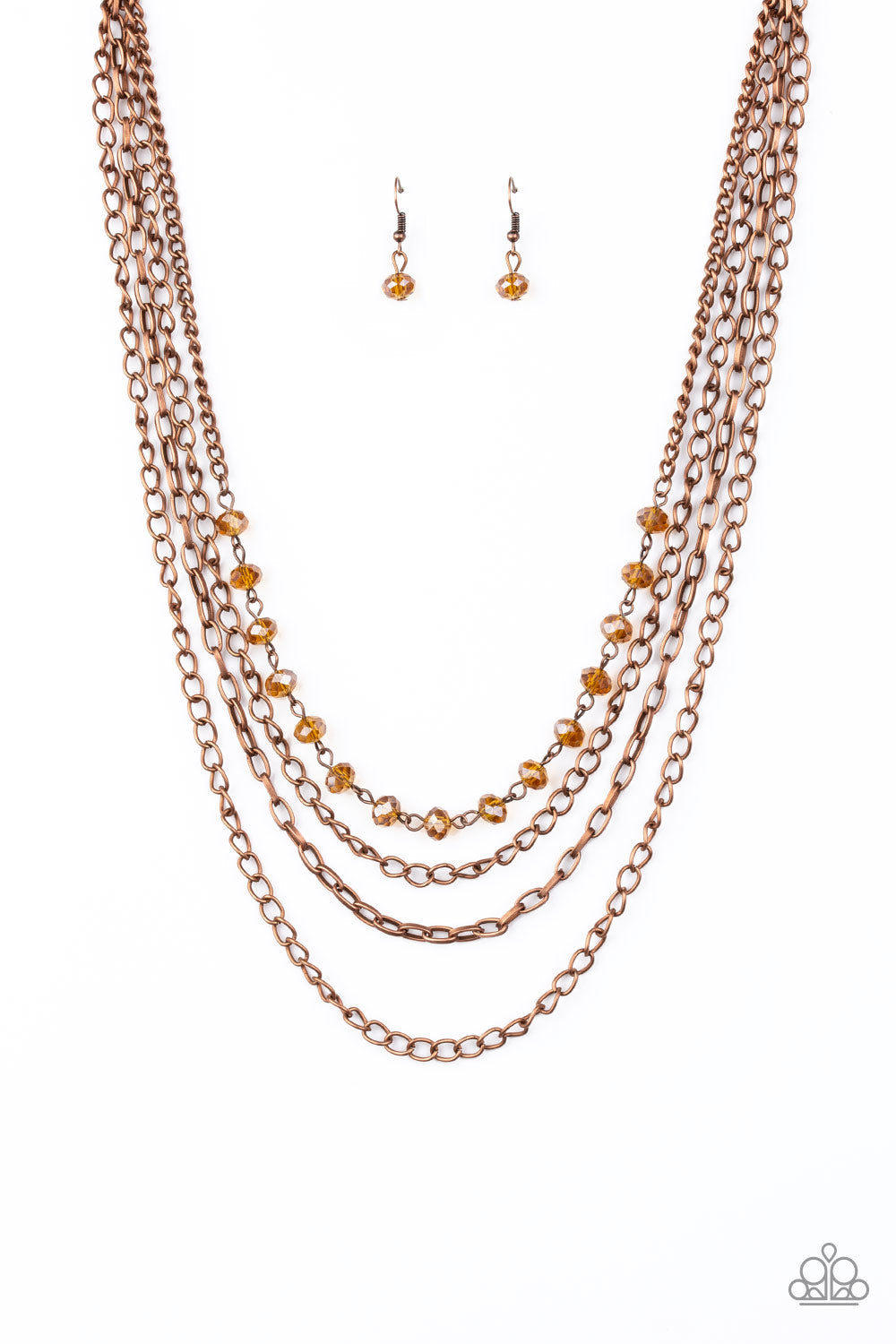 Extravagant Elegance Copper Necklace - Paparazzi Accessories  Mismatched copper chains layer down the chest. Dipped in a coppery metallic sheen, a strand of faceted black beads join below the collar for a glamorous look. Features an adjustable clasp closure.  Sold as one individual necklace. Includes one pair of matching earrings.