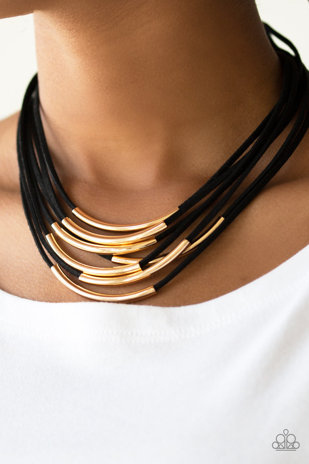 Walk The WALKABOUT Gold Necklace - Paparazzi Accessories  Glistening gold rods slide along strips of black suede, creating earthy layers below the collar. Features an adjustable clasp closure.  All Paparazzi Accessories are lead free and nickel free!  Sold as one individual necklace. Includes one pair of matching earrings.
