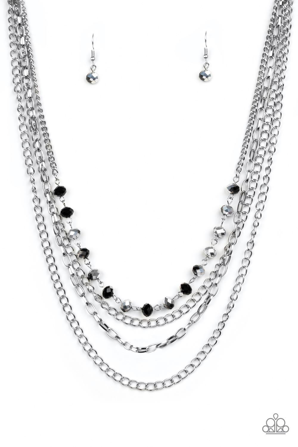 Extravagant Elegance Multi Necklace - Paparazzi Accessories  Mismatched silver chains layer down the chest. Dipped in a metallic sheen, a strand of faceted black beads joins below the collar for a glamorous look. Features an adjustable clasp closure.  All Paparazzi Accessories are lead free and nickel free!  Sold as one individual necklace. Includes one pair of matching earrings.