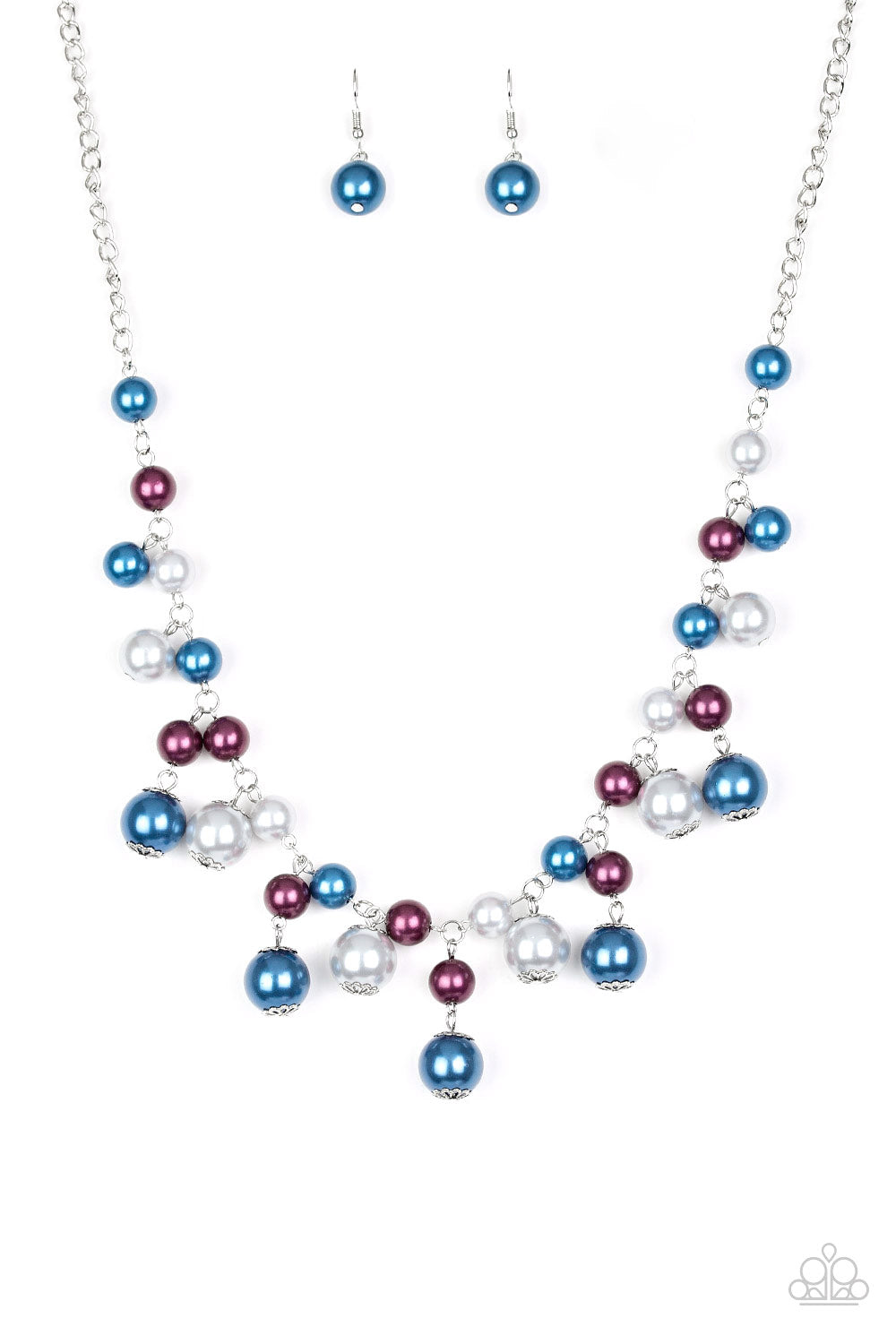 Soon To Be Mrs. Multi Necklace - Paparazzi Accessories  Varying in size, bubbly blue, purple, and silver pearls swing from the bottom of a classic strand of pearls, creating a refined fringe below the collar. Features an adjustable clasp closure.  All Paparazzi Accessories are lead free and nickel free!  Sold as one individual necklace. Includes one pair of matching earrings.