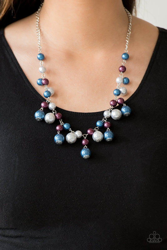 Soon To Be Mrs. Multi Necklace - Paparazzi Accessories  Varying in size, bubbly blue, purple, and silver pearls swing from the bottom of a classic strand of pearls, creating a refined fringe below the collar. Features an adjustable clasp closure.  All Paparazzi Accessories are lead free and nickel free!  Sold as one individual necklace. Includes one pair of matching earrings.