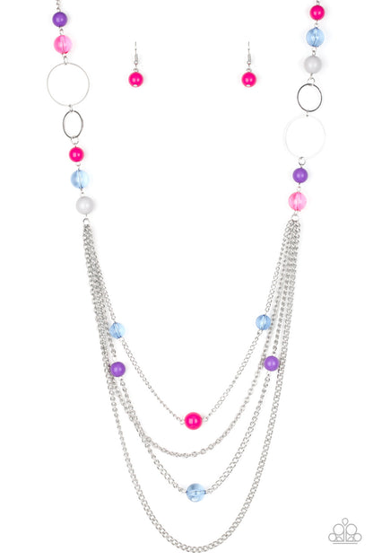 Bubbly Bright Multi Necklace - Paparazzi Accessories  Infused with shimmery silver hoops, glassy and polished multicolored beads trickle along glistening silver chains for a bubbly look. Features an adjustable clasp closure.   All Paparazzi Accessories are lead free and nickel free!  Sold as one individual necklace. Includes one pair of matching earrings.