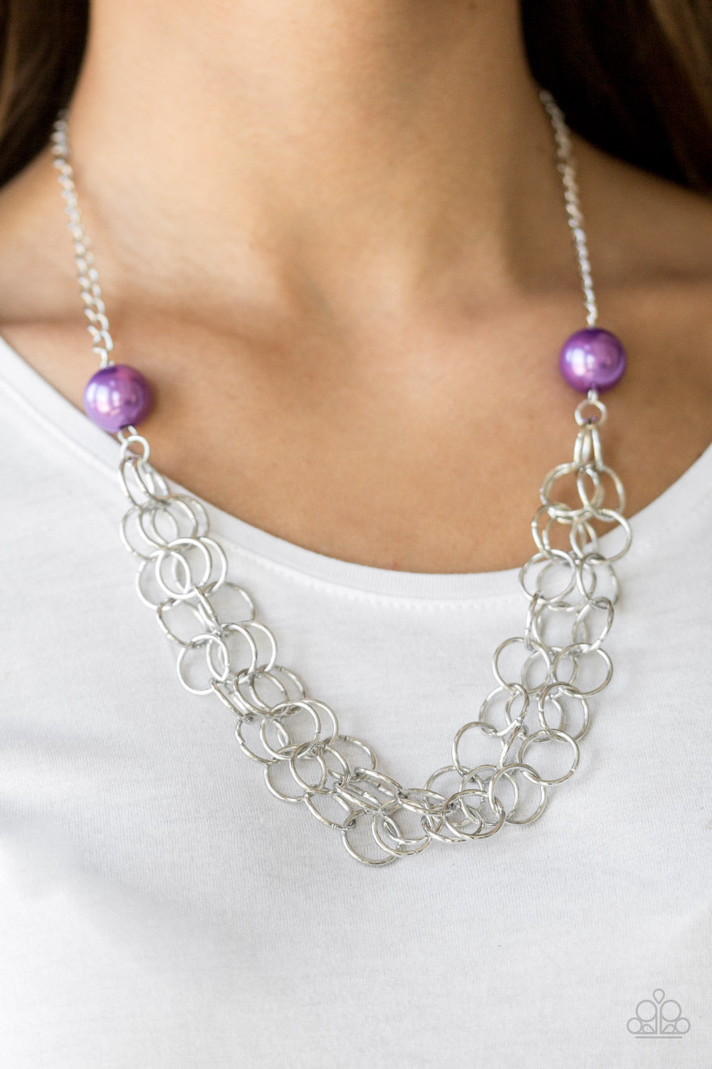 Daring Diva Purple Necklace - Paparazzi Accessories  Two oversized purple pearls give way to dramatic silver chains, creating bold layers below the collar for a sassy look. Features an adjustable clasp closure.   All Paparazzi Accessories are lead free and nickel free!  Sold as one individual necklace. Includes one pair of matching earrings.