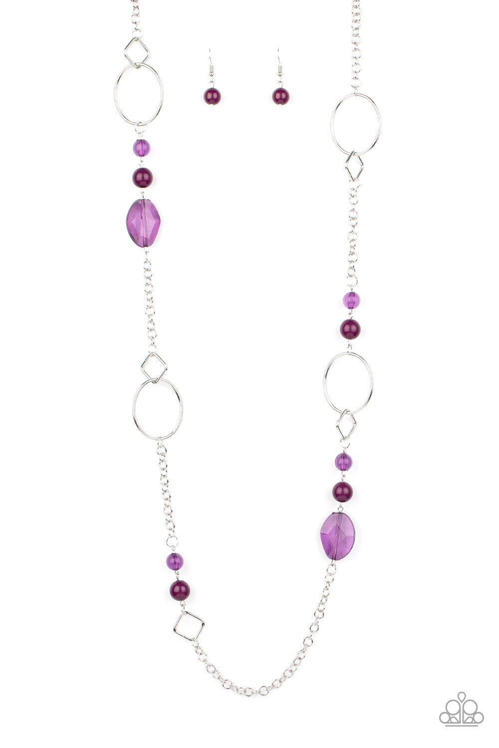 Very Visionary - Purple Item #P2WH-PRXX-295XX Polished and glassy purple beads trickle along a shimmery silver chain featuring round and square frames for a seasonal look. Features an adjustable clasp closure.  Sold as one individual necklace. Includes one pair of matching earrings.