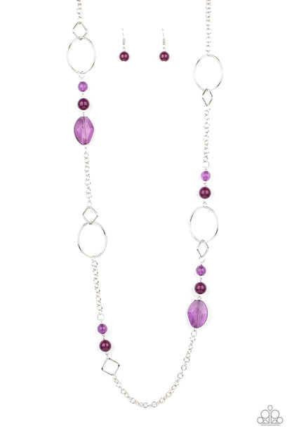 Very Visionary - Purple Item #P2WH-PRXX-295XX Polished and glassy purple beads trickle along a shimmery silver chain featuring round and square frames for a seasonal look. Features an adjustable clasp closure.  Sold as one individual necklace. Includes one pair of matching earrings.