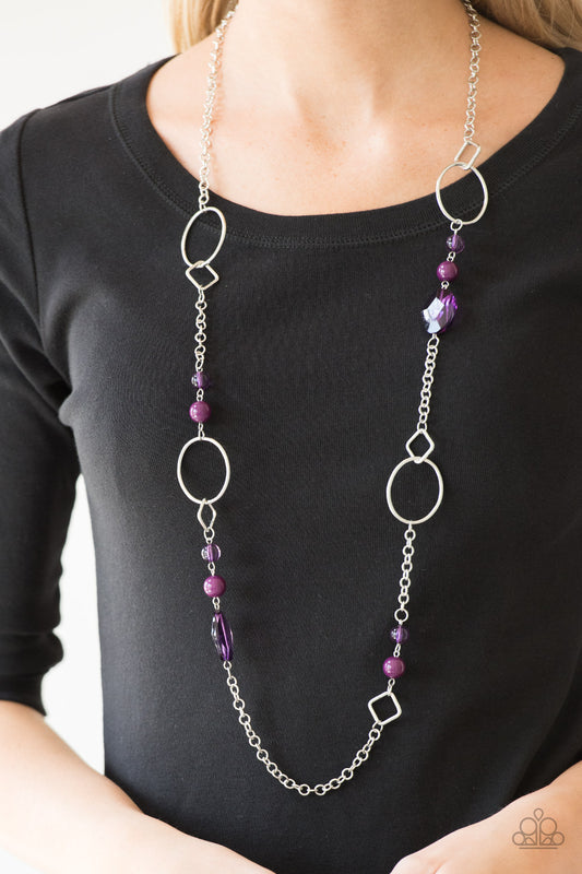 Very Visionary - Purple Item #P2WH-PRXX-295XX Polished and glassy purple beads trickle along a shimmery silver chain featuring round and square frames for a seasonal look. Features an adjustable clasp closure.  Sold as one individual necklace. Includes one pair of matching earrings.