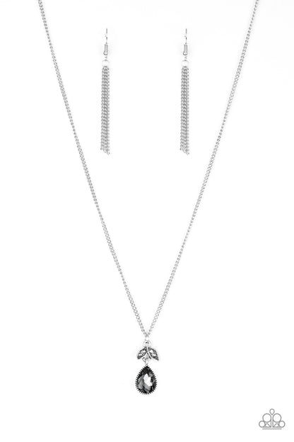 Nice To Meet You Silver Necklace - Paparazzi Accessories  Encrusted in glittery hematite rhinestones, leafy silver frames give way to a smoky teardrop gem, creating a glamorous pendant below the collar. Features an adjustable clasp closure.  All Paparazzi Accessories are lead free and nickel free!   Sold as one individual necklace. Includes one pair of matching earrings.