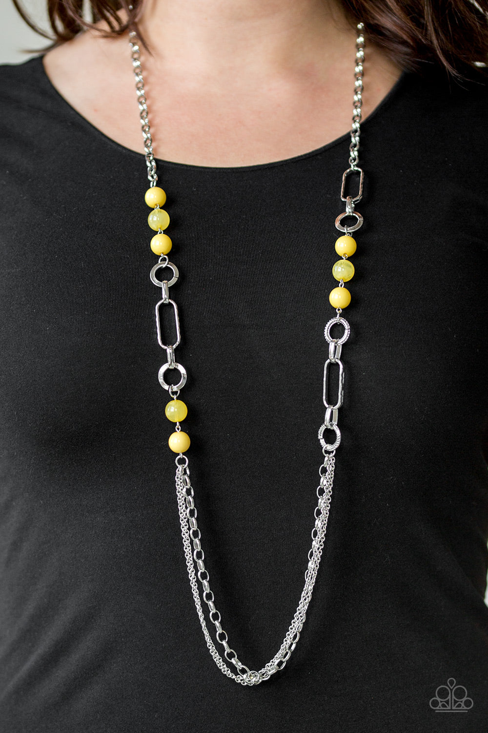 CACHE Me Out Yellow Necklace - Paparazzi Accessories  A collection of glassy and polished yellow beads give way to layers of mismatched silver chain for a whimsical look. Features an adjustable clasp closure.   All Paparazzi Accessories are lead free and nickel free!  Sold as one individual necklace. Includes one pair of matching earrings.