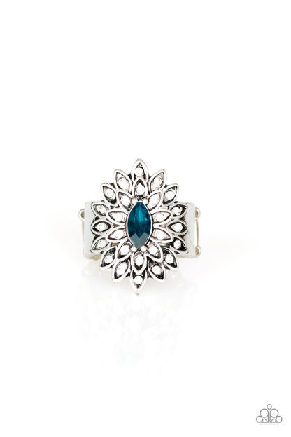 Blooming Fireworks Blue Ring - Paparazzi Accessories  Dotted in dainty white rhinestones, silver petals radiate from a regal blue marquise shaped rhinestone center for an edgy look. Features a stretchy band for a flexible fit.   Sold as one individual ring.